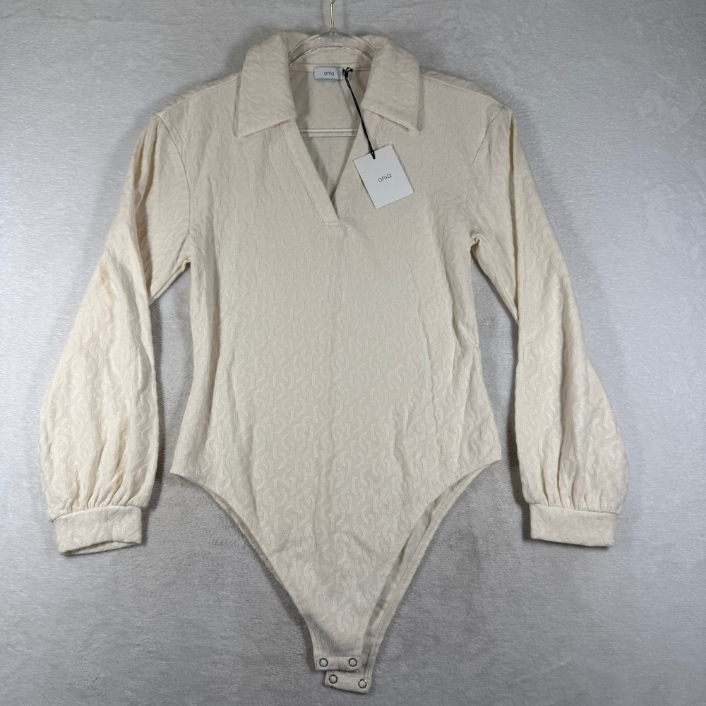 Onia Birch Geo Knit Long Sleeve Polo Bodysuit WC23-2 Cream Large NEW
